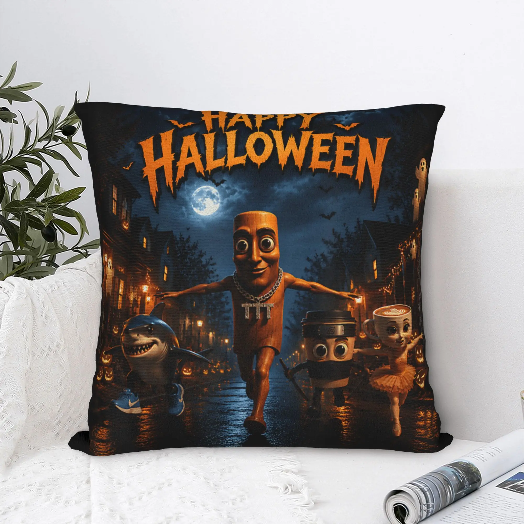Pillow Case Halloween Night Brainrot Meme Tung Sahur Friend Neighborhood Pillow Cover For Sofa Car Home Decor Morden Pillowcases