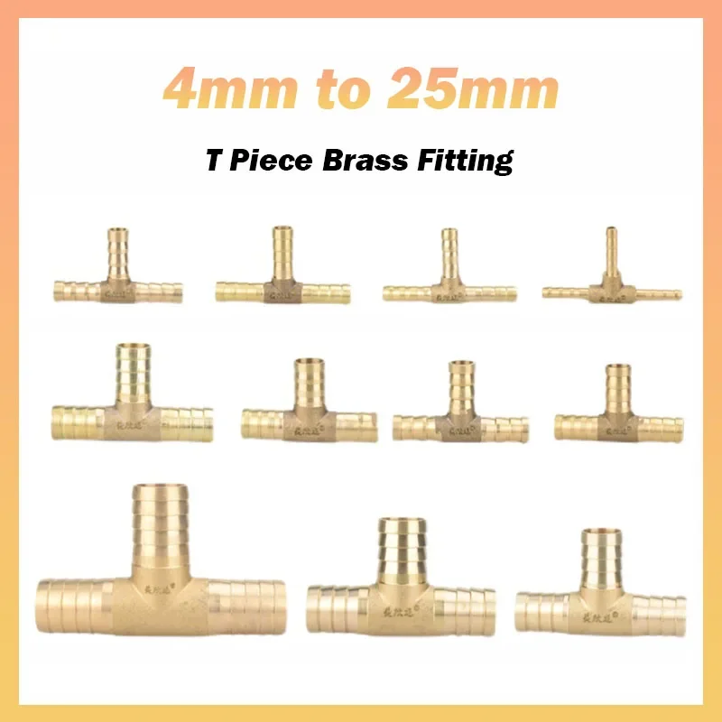 1~10Pcs T Piece 3 Way Brass Hose Barb Fitting Barb Hose Tail End Connector 4/6/8/10/12/14/16/19/25mm Air Fuel Water Pipe Tubing