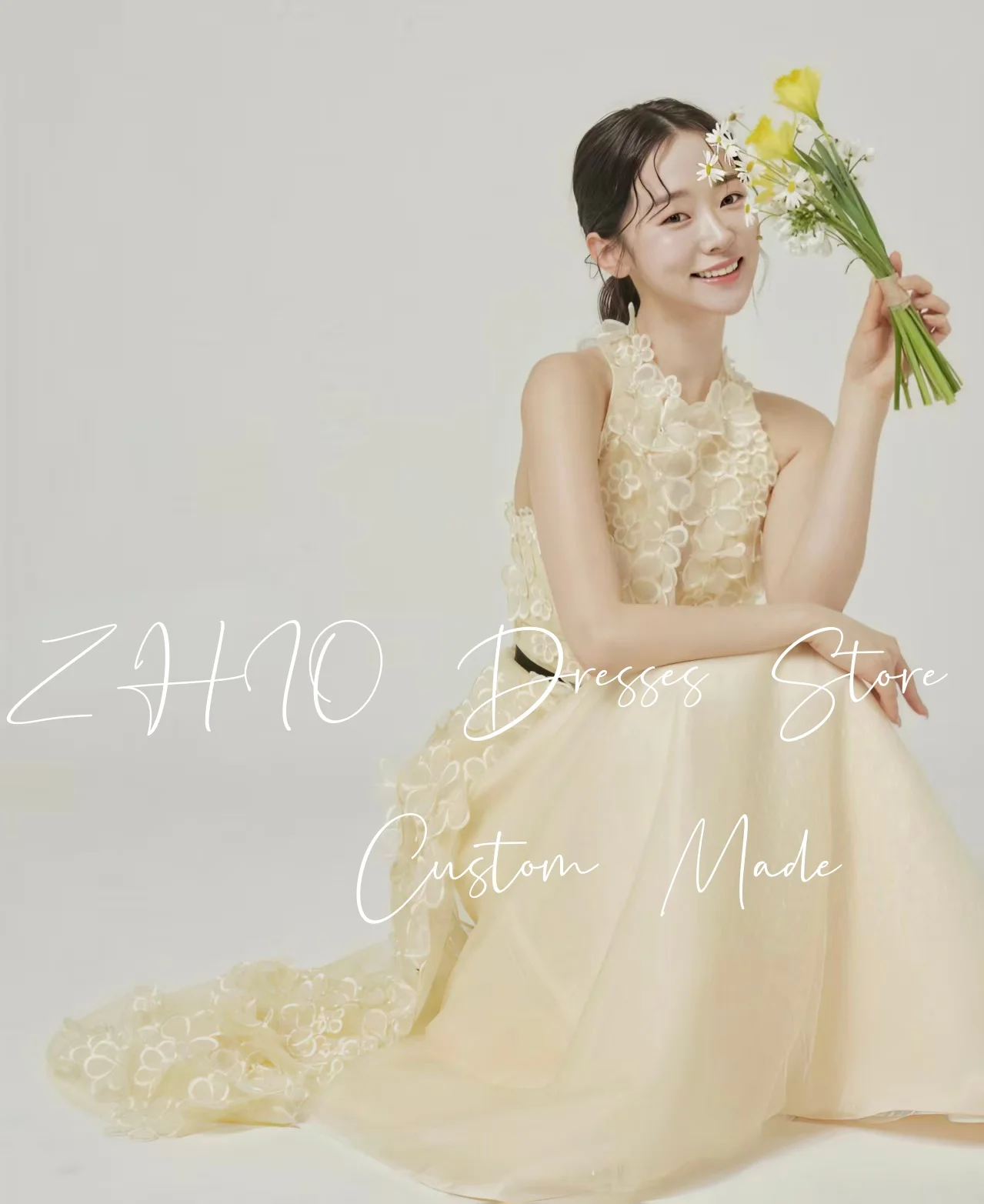 

ZHIO Fairy Flowers Wedding Party Dress O-Neck Sashes Yellow Evening Dresses Korea Photo Shoot Bridal Gown Custom 2026 웨딩드레스