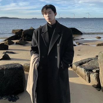 Men's Long Woolen Trench Coat 2 Winter Long Trenchcoat Men Korean-style Solid Double Breasted Woolen Coat Loose Casual Trench Outwear 2023 Solid Color Overcoats 2