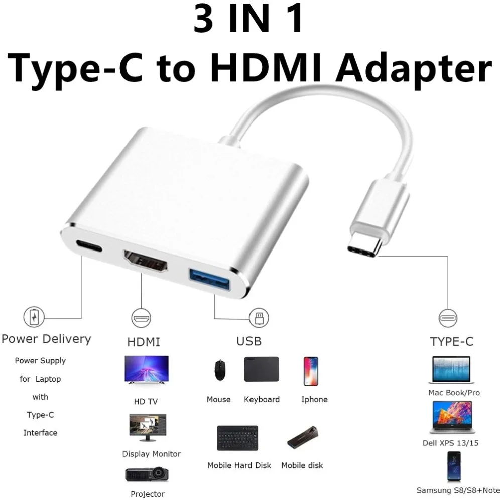 3 in 1 USB C zu HDMI-kompatibel/USB/PD Lade Konverter Typ C Adapter Hub für Samsung Huawei Xiaomi Laptop Macbook Adapter