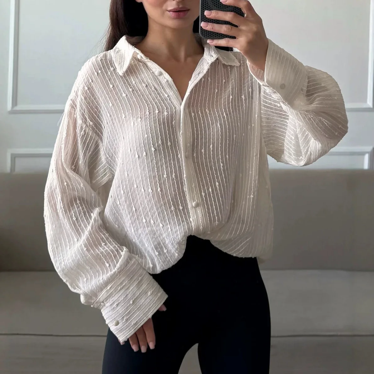Women Solid Shirt Line Tops Long Sleeves Turn Down Collar Single Breasted Thin Loose Fit Office Lady Elegant Casual 2026 Spring