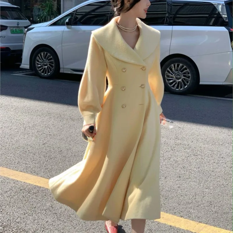 Fashion Women's Long Coats Winter New Outerwear Lapel Double Breasted Lantern Sleeve Solid Vintage Chic Woolen Overcoats 2024