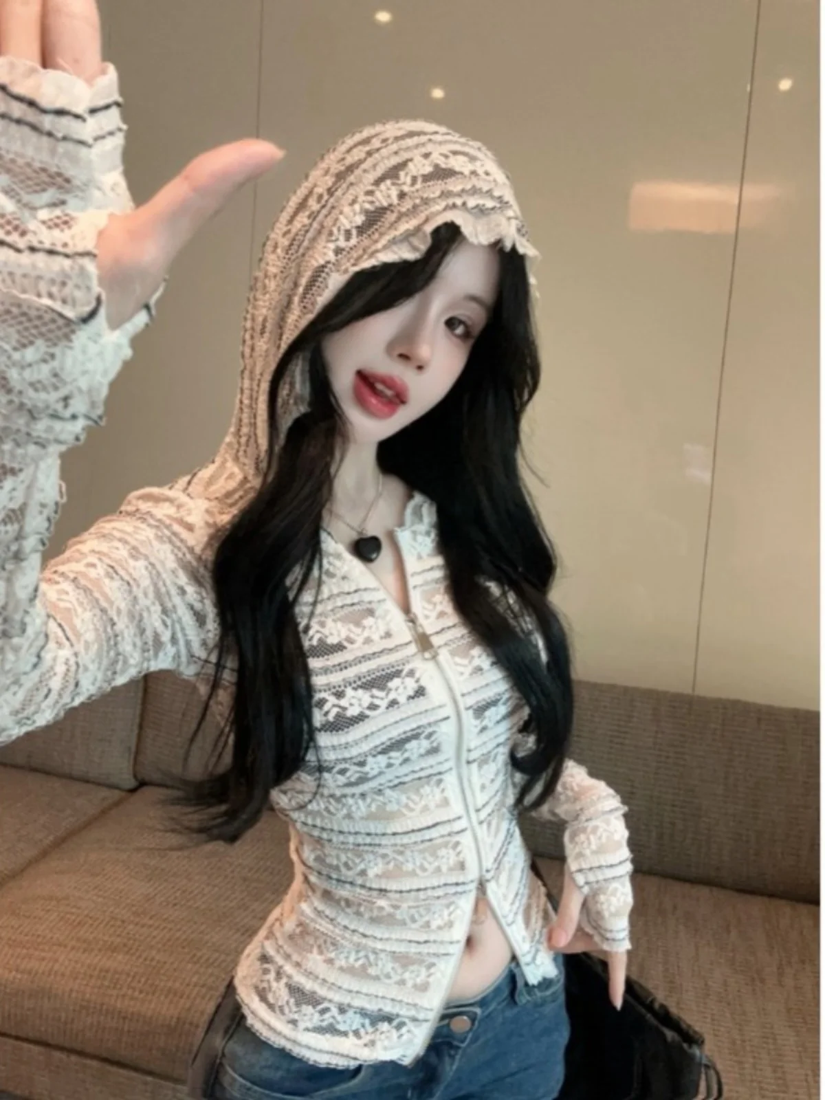 

American Stripe Hooded Women's Light Hollow out Lace Cardigan Summer Sexy Top Thin Coat Fem Faionable Svel Outerwear