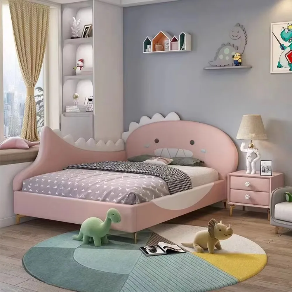سرير أطفال حديث بتصميم ديناصور وإطار خشبي قوي ولوح رأسي مبطن ناعم لغرفة نوم الأطفال الصغار