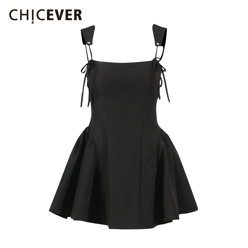 CHICEVER Black Spliced Lace Up Party Dresses for Women Square Neck Sleeveless Tunic A Line Ball Gown Female Summer Clothing New