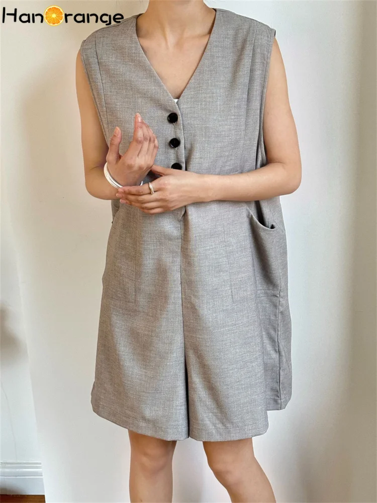 HanOrange Summer Age Reducing Academy Texture Wool Playsuits Comfortable Breathable Wide Leg Rompers Linen Color/Gray