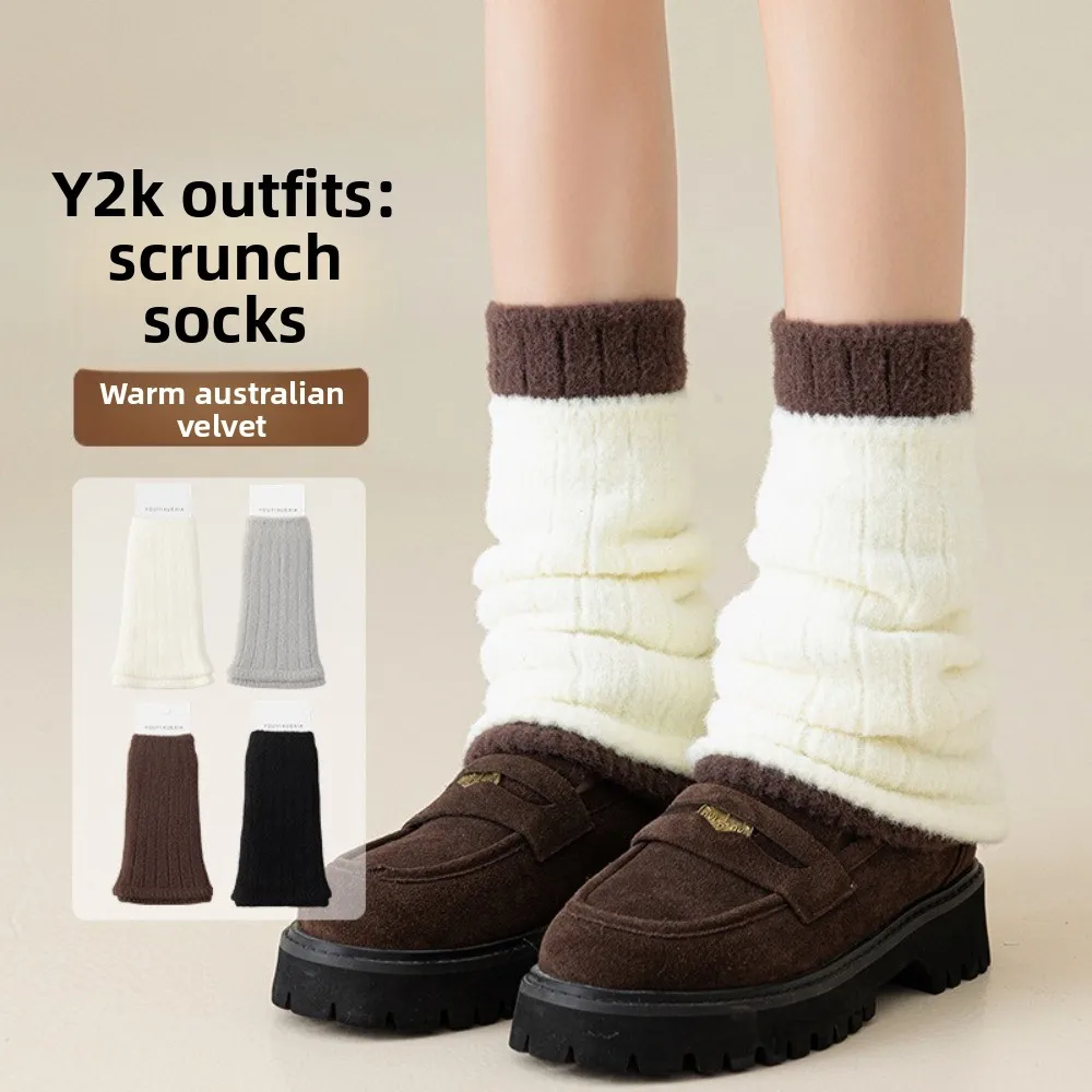 ถุงเท้ายาวผู้หญิงแบบหนาพิเศษ ป้องกันขา อุ่นสบายสำหรับฤดูหนาว ถุงเท้าขนฟูสไตล์ญี่ปุ่น Y2K ของขวัญ