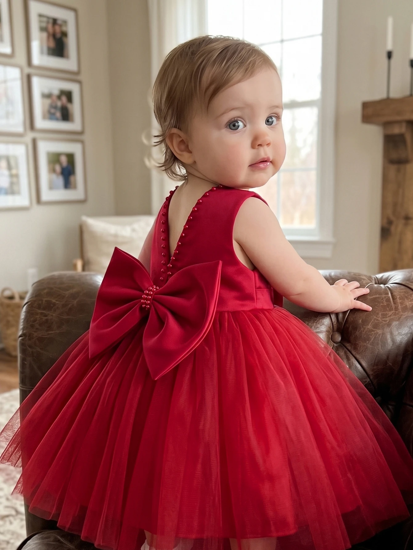 Baby Girls Red Tulle Party Dress Pearl Trim Sleeveless V Back Large Bow Birthday Wedding Flower Girl Christmas Photoshoot Outfit