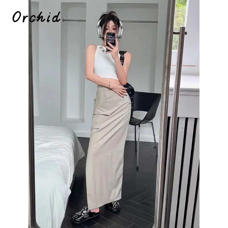 2024 Summer Elegant Vintage Solid Color Shirring Mid Long Skirts Women's Casual Luxury Style High Waist Slim Fit Sexy Skirt