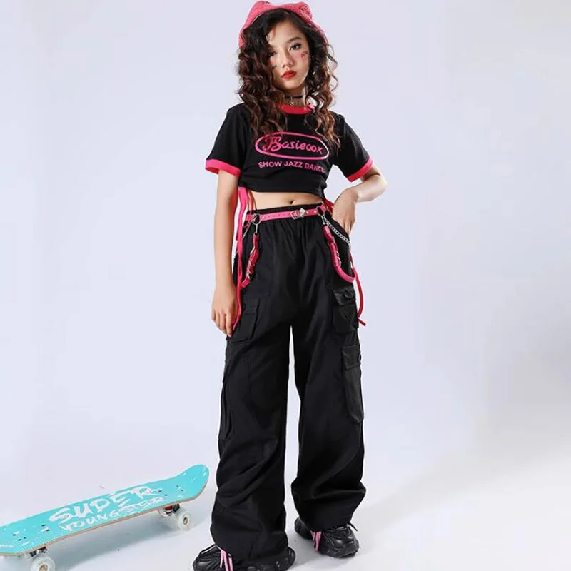 Crianças Hip Hop Outfits, Crop Tops, Shorts, Street Dance, Jazz Sweet Costumes, Meninas Calças Black Cargo, Crianças Streetwear, Conjuntos de roupas