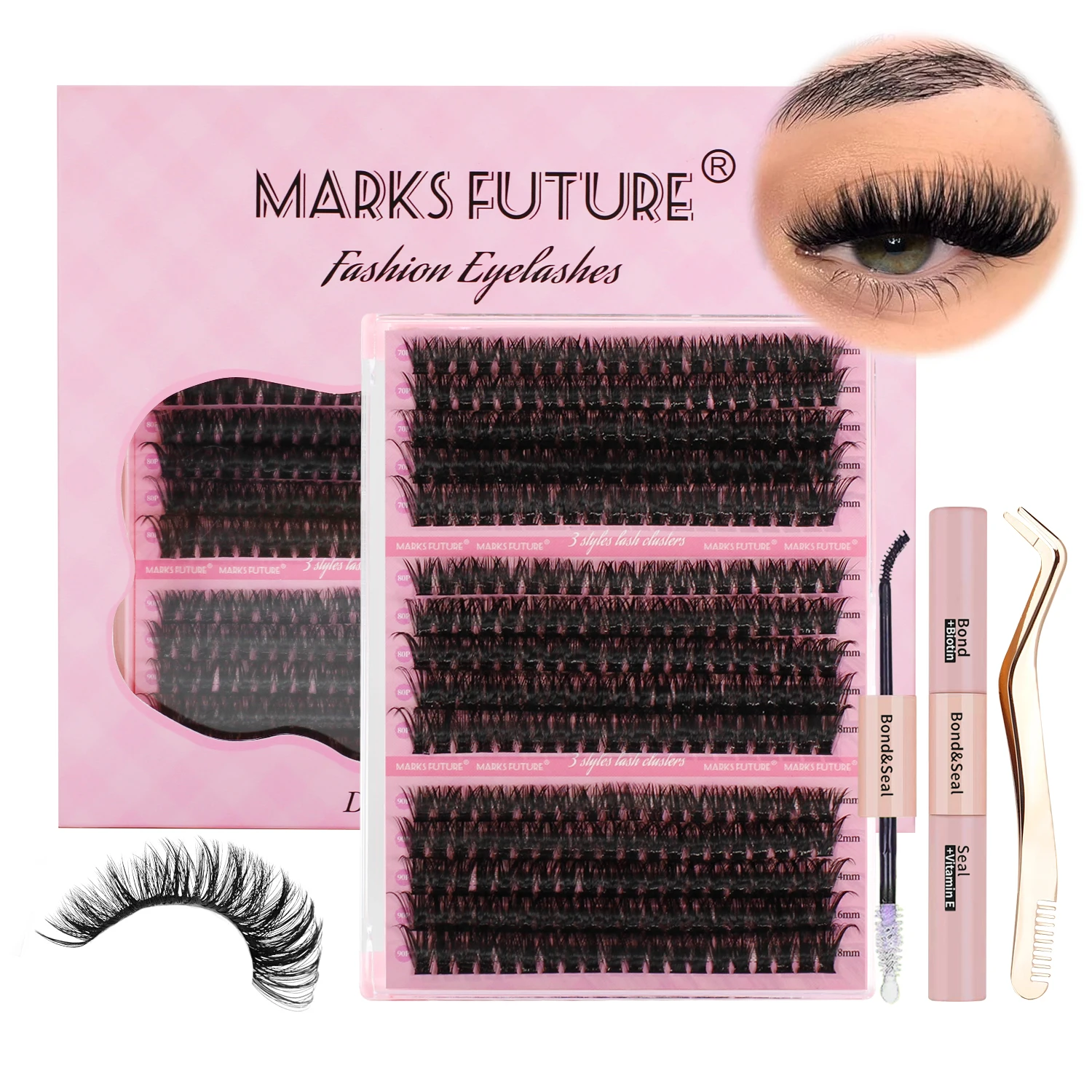 DIY Eyelash Extension Set 300 Pieces Single Eyelash Cluster D Curly Eyelash Extension Set Eyelash Cluster with Eyelash Adhesive and Sealing and Eyelash Application Tool for Self-Application (Kit, 70D+80D+90D-9-16Mix)