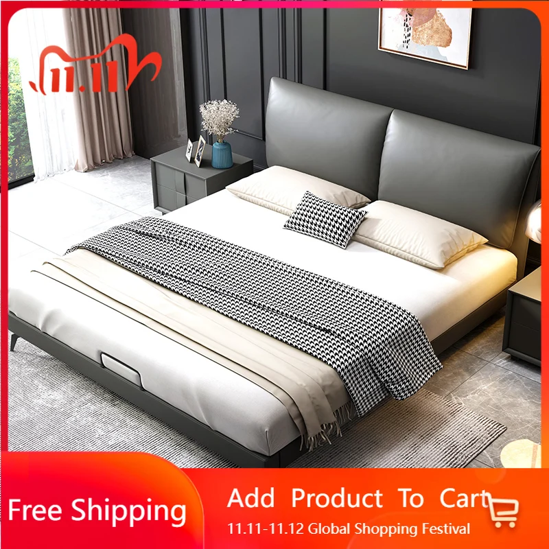 

Makeup Minimalist Aesthetics Bed Light Luxury Leather Bed Modern Simple High Quality Comfortable Storage Beliche Hotel Furniture