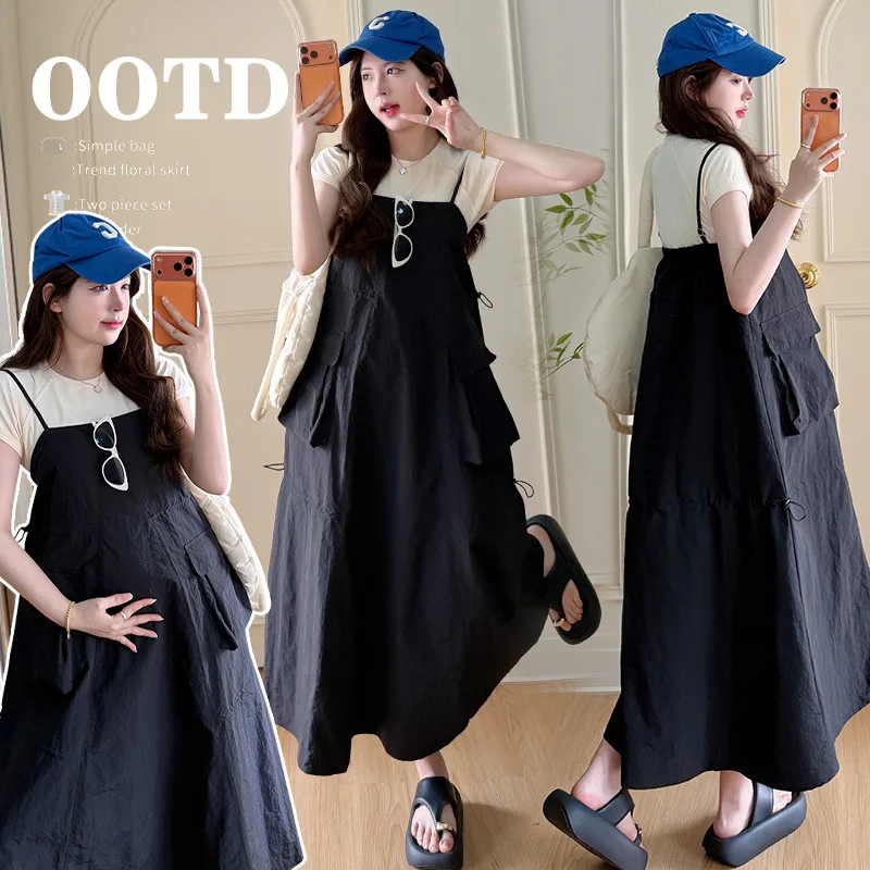 

Maternity Suit Summer 2026 Short Sleeve T Shirt and Black Spaghetti Strap Dress with Pocket for Pregnant Women Casual