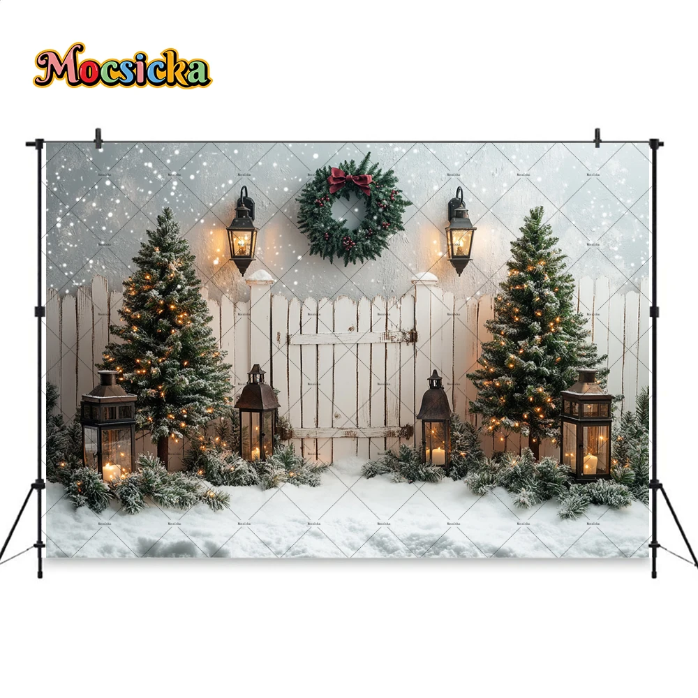 Christmas Snow Scenery Photography Background Xmas Tree Wreath Lantern Fence White Backdrop Kid Winter Outdoor Photoshoot Studio