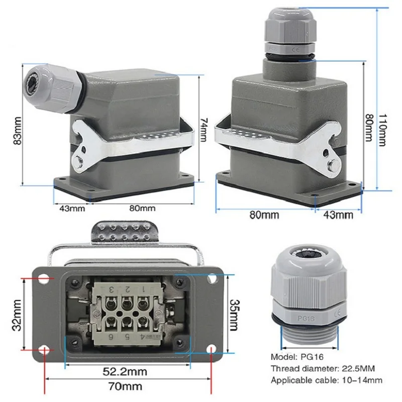 Rectangular Heavy Duty Connector HDC-HE4 6 10  16 24 Core Pin 16A Waterproof Aviation Plug  Top  And Side Line Connector