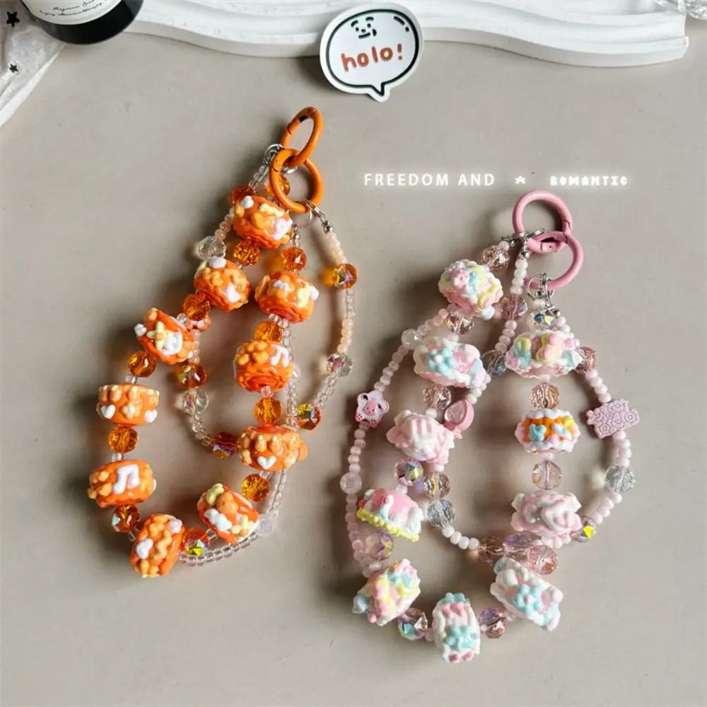 Lindo color crema correa para teléfono móvil Bowknot bolso con cuentas llavero colgante pintado a mano doble cadena teléfono encanto cuerda