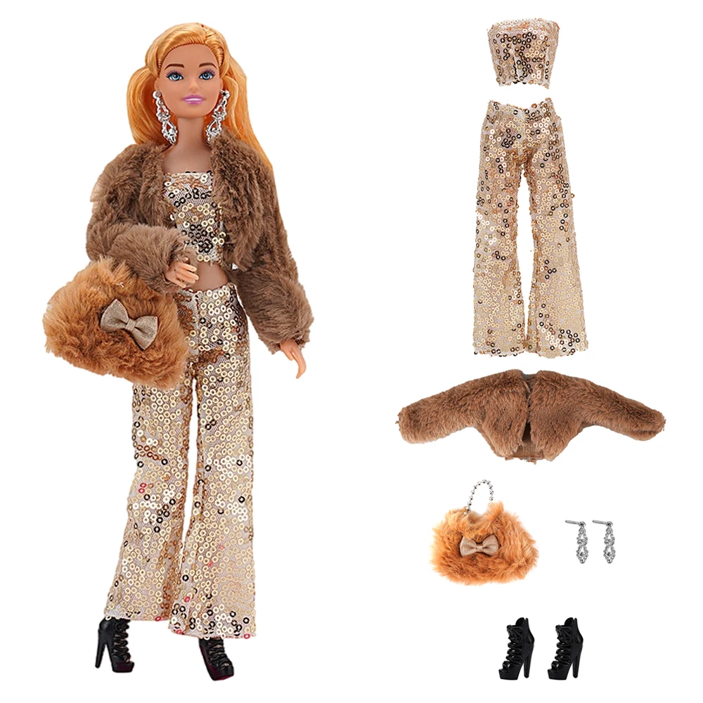 

New Modern Coat For 11.5 Inch Doll Clothes Sequins Pants Bag Shoes Coat Golden Clothes For 1/6 Doll Dress Up Accessories