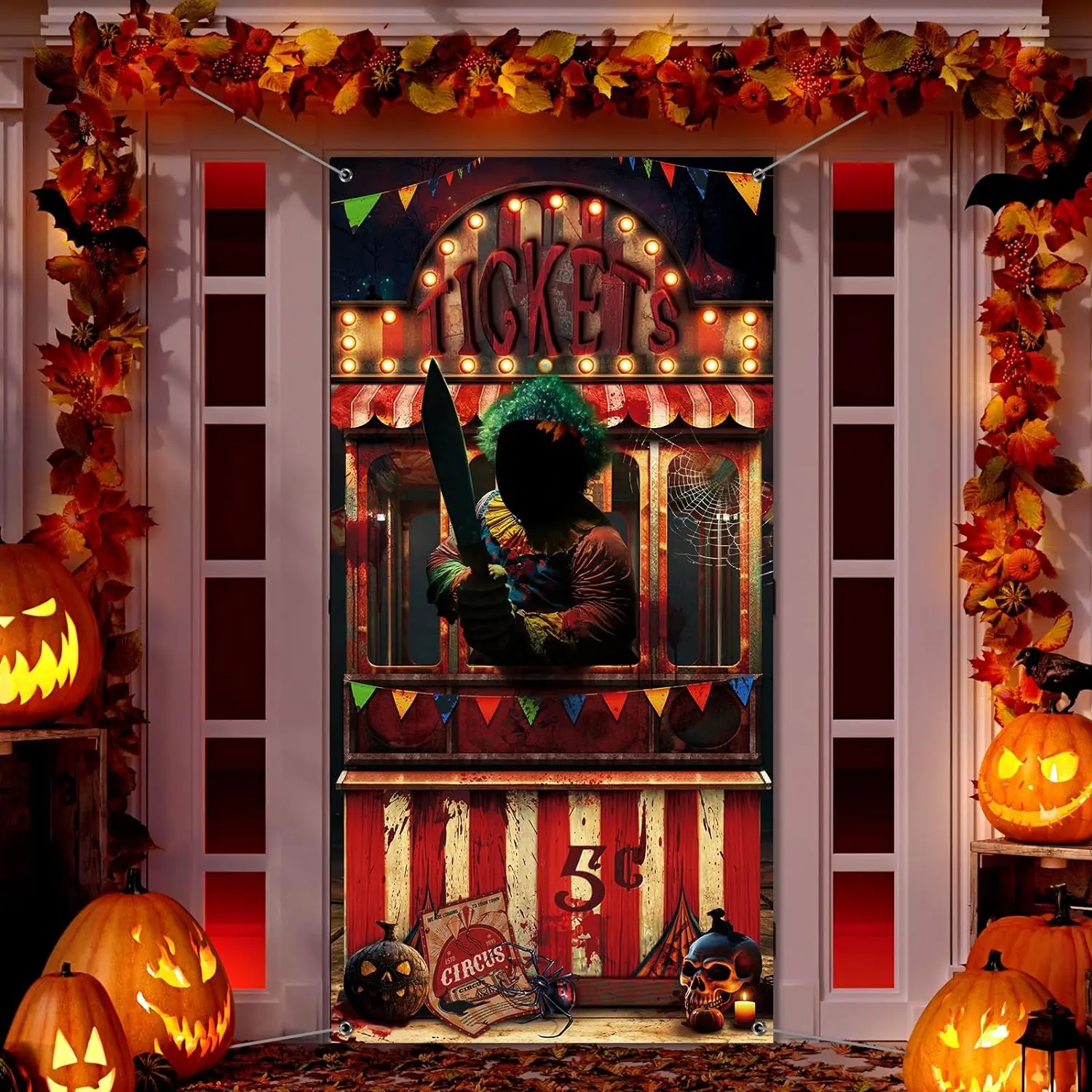 

Photography Backdrop Creepy Evil Circus Door Cover Theme Photo Door Banner Large Ticket Booth Props For Halloween Party Decor