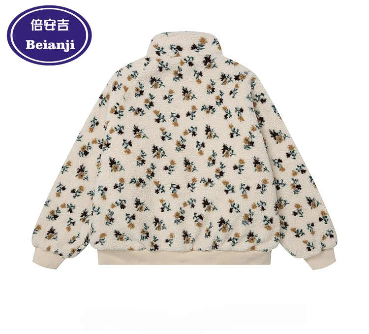 Beianji mens coats winter vintage floral stand collar zipper lamb wool men street loose thick couple padded jacket winter blends