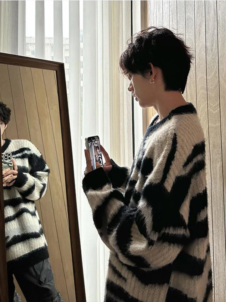 

Men's Winter Thickened Stripe Cashmere Sweater Lazy Style Knitted Shirt American High Street Coat Casual Loose Fit round Neck
