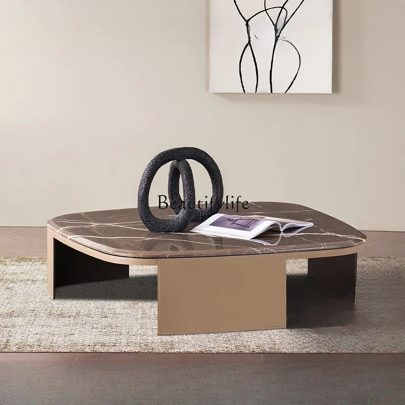 

2Italian minimalist saddle leather coffee table light luxury household natural coffee mesh marble tea table