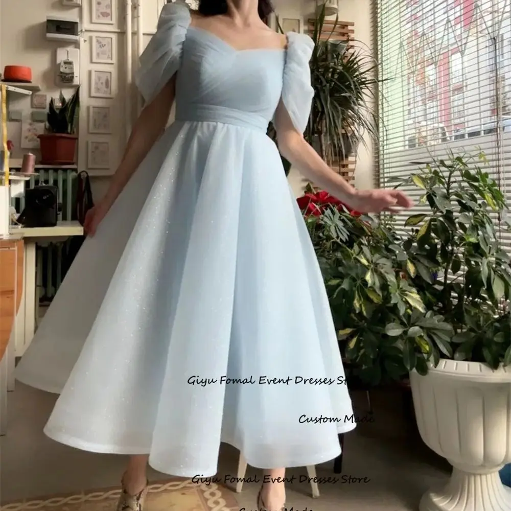 

Giyu Elegant A-line Evening Dress V-Neck Draped Tea-length Wedding Party Dress Vestidos De Noche 2024 Prom Dress