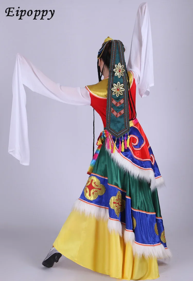 Trajes de dança tibetana para mulheres, mangas compridas de seda branca, vestido feminino, roupas de dança tibetana