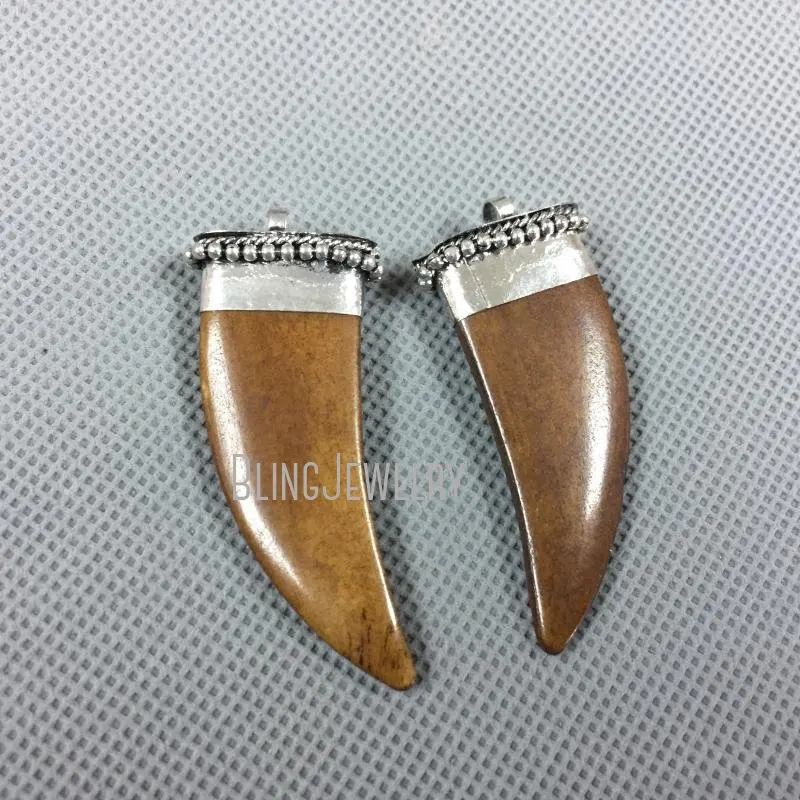 Craved Bone Pendant Cream Tusk Horn  With Brass Cap 70x18mm  PM4019