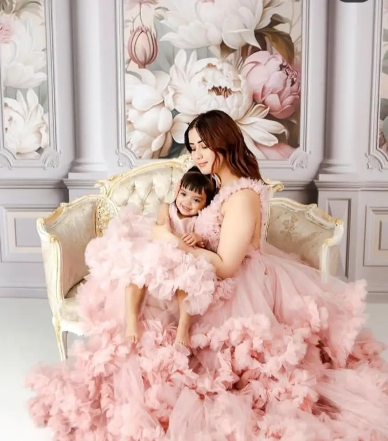 Pink Tiered Mommy and me Ruffle Dresses Mother and Daughter Photoshoot Dress for Birthday or Wedding Guest Dresses