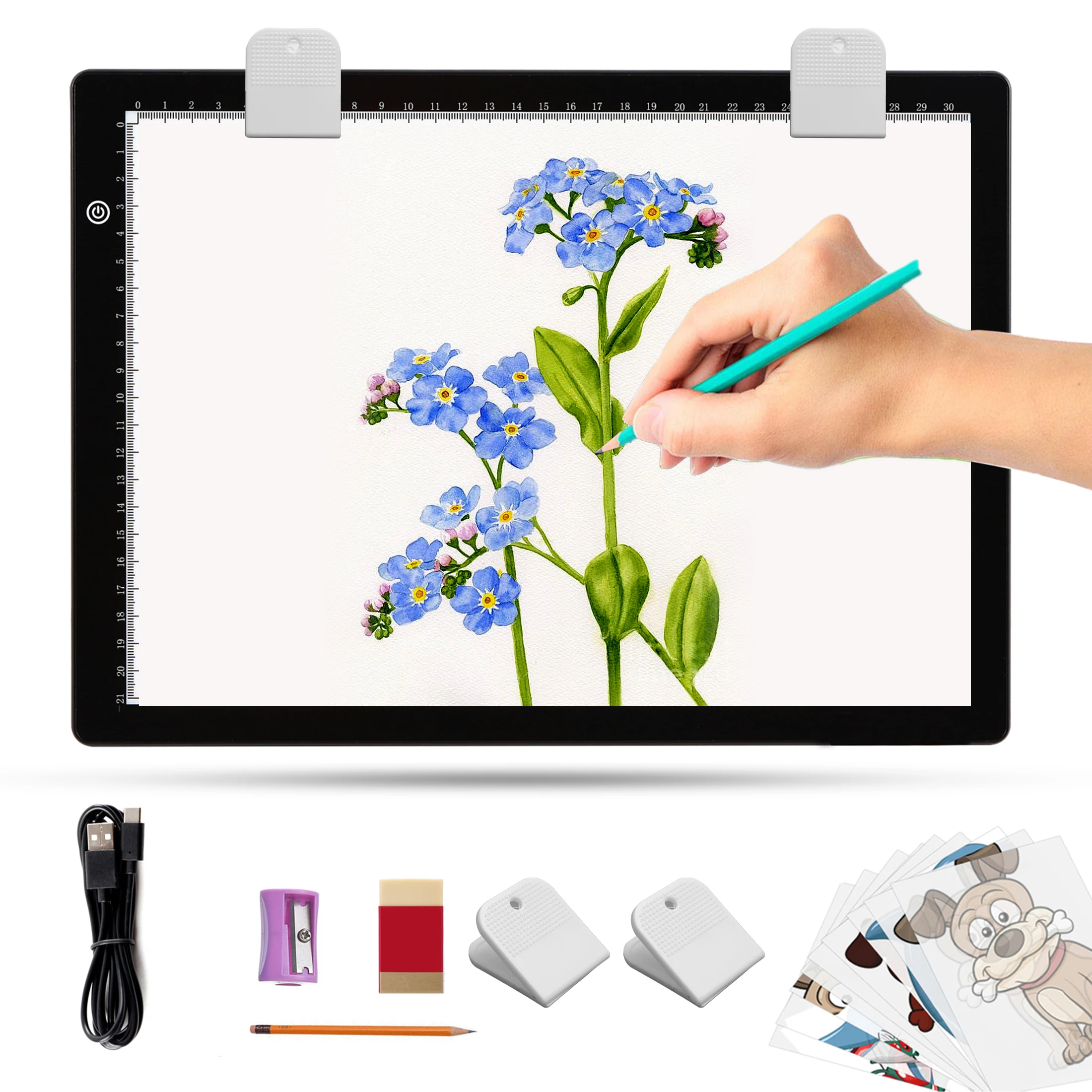 KOBAIBAN A4 Slim Portable Light Box with 4 Clips, Type C USB Power Cable Stepless Dimmable Brightness  Light Pad for  Drawing