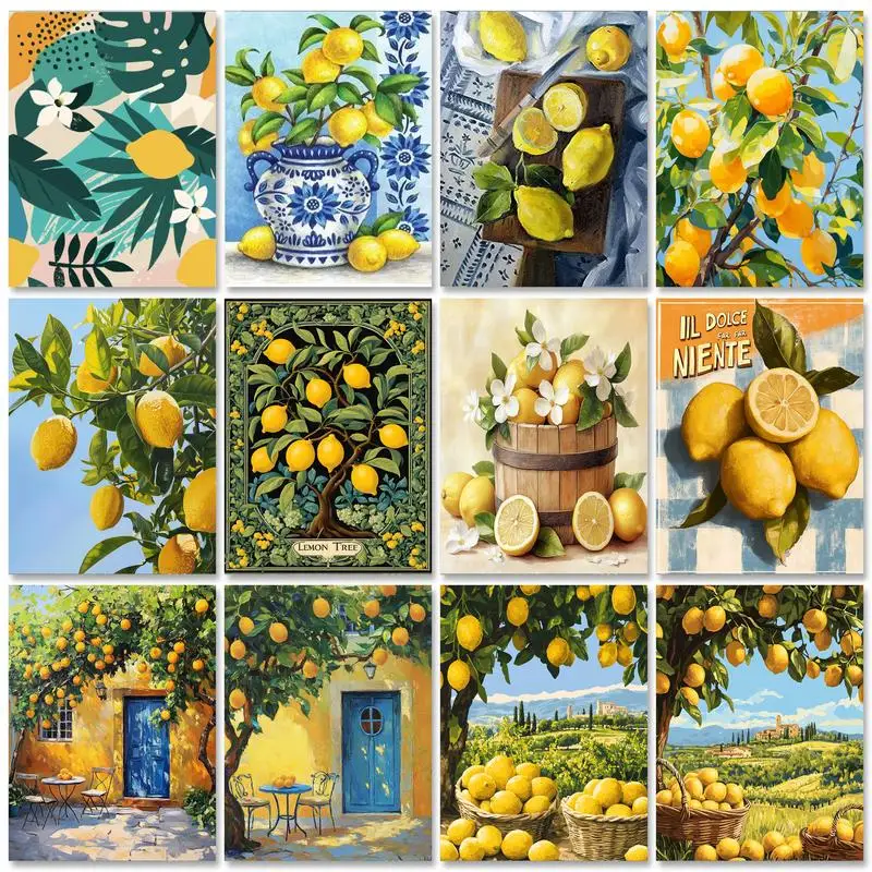 Warm Yellow Lemons Oil Painting Background Foliage Grass Yellow Blossoms Flowers Botanical Vines Photography Backdrops XA-02