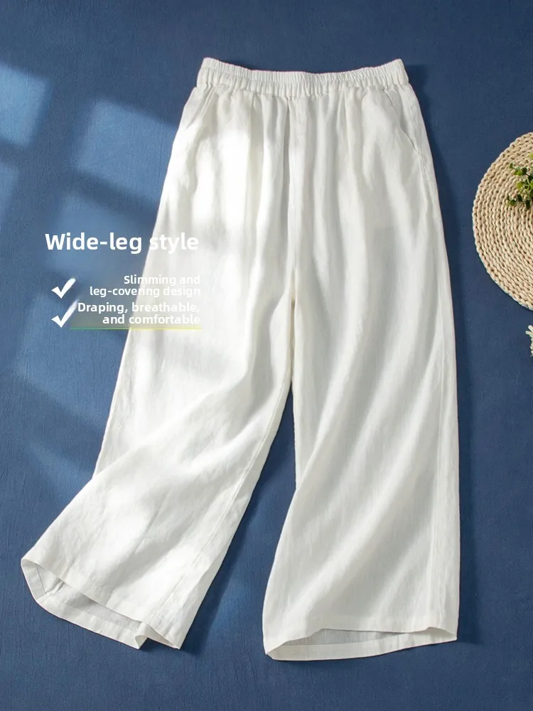 ارتفاع الخصر بنطال ذو قصة أرجل واسعة عادية القطن الكتان سبعة تسعة سبليت السراويل النسائية فضفاضة تناسب بنطلون ريترو تخفيف Sle صيف 2025 #2