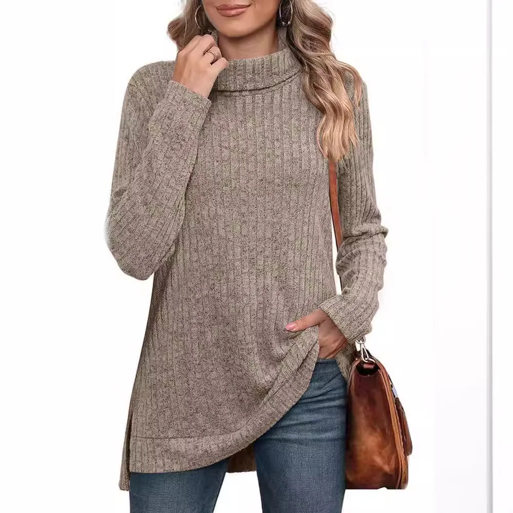 فضفاض عالية الياقة تي شيرت المرأة لون نقي بلو شريط تصميم الخريف الشتاء جديد Sle للتخصيص Faion #5