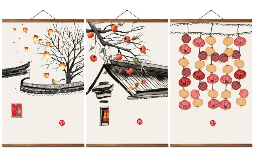 AS3071 Chinese Style Culture Persimmon Lantern Room Wall Art Canvas Posters Chinese Solid Wood Scroll Paintings