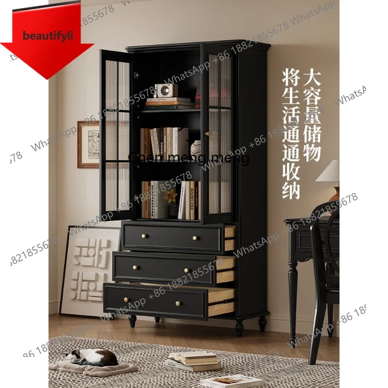 

X188 Французский ретро книжный шкаф из цельного дерева для гостиной, кабинета, старинный двойной дверной дисплей, стеклянный шкаф для хранения