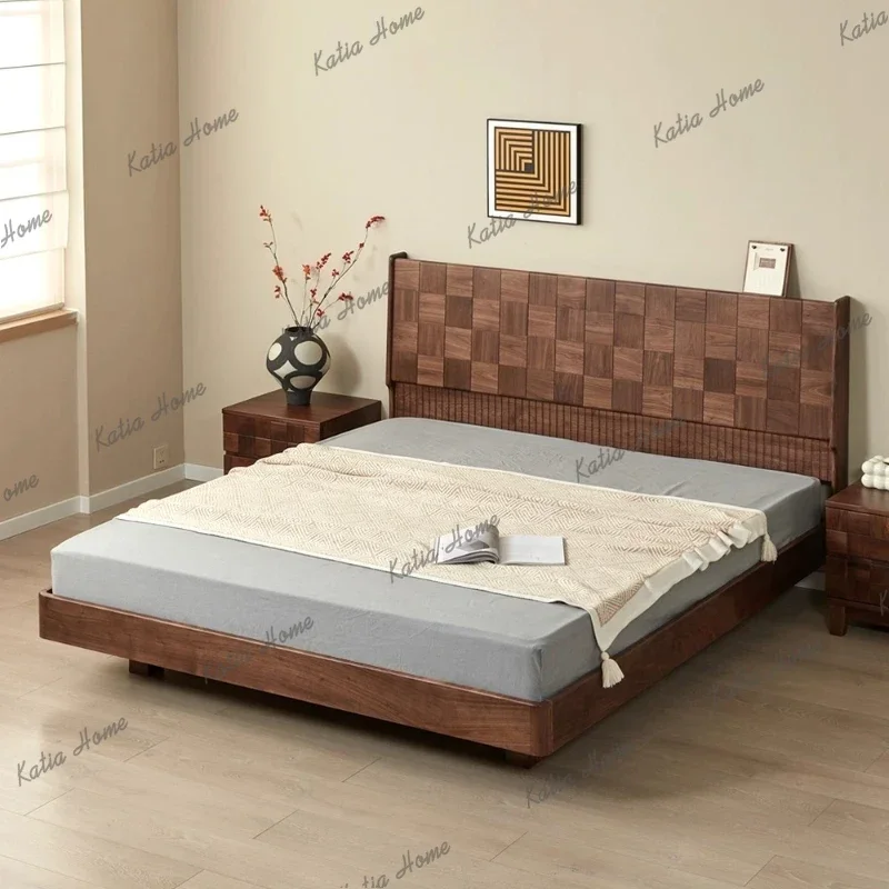 LJY Black Walnut Solid Wood Bed Nordic Minimalist Cube Grid Shape Piano Key Design Mortise and Tenon Bed Frame Bed Leg Adduction