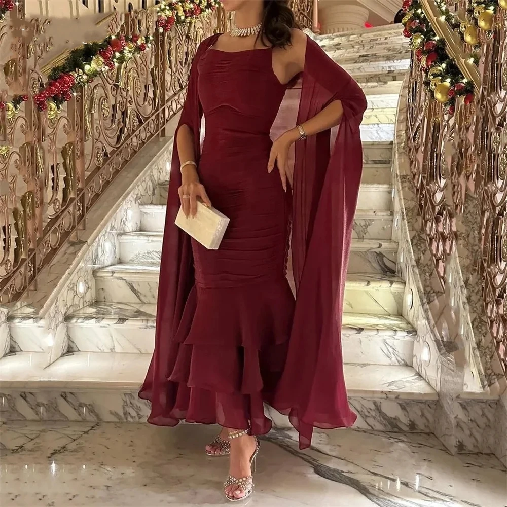 Vestido de graduación de gasa roja romántica para mujer, cuello cuadrado de sirena, tirantes finos, escalonados, hasta el tobillo, vestidos de noche elegantes