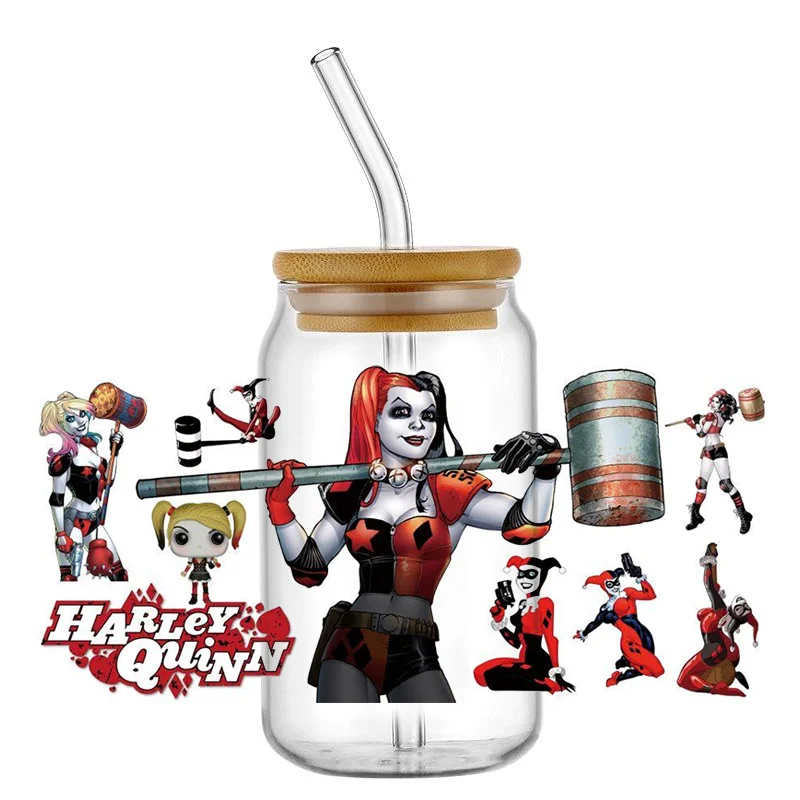 Harley quinn-uv dtfカップラップトランスファーステッカー、ピエロガールカスタムラベル、libbeyガラス缶用のDIY防水ロゴ、16オンス