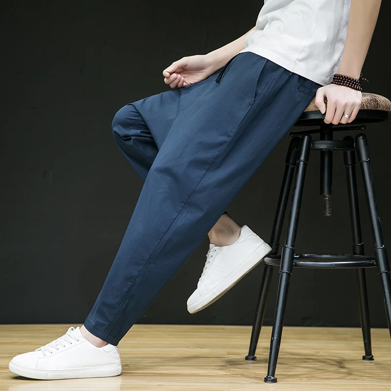 

Summer Cotton Linen Pants Men Elastic Waist Casual Harem Pant Cross-pants Straight Baggy Ankle-length pantalons homme