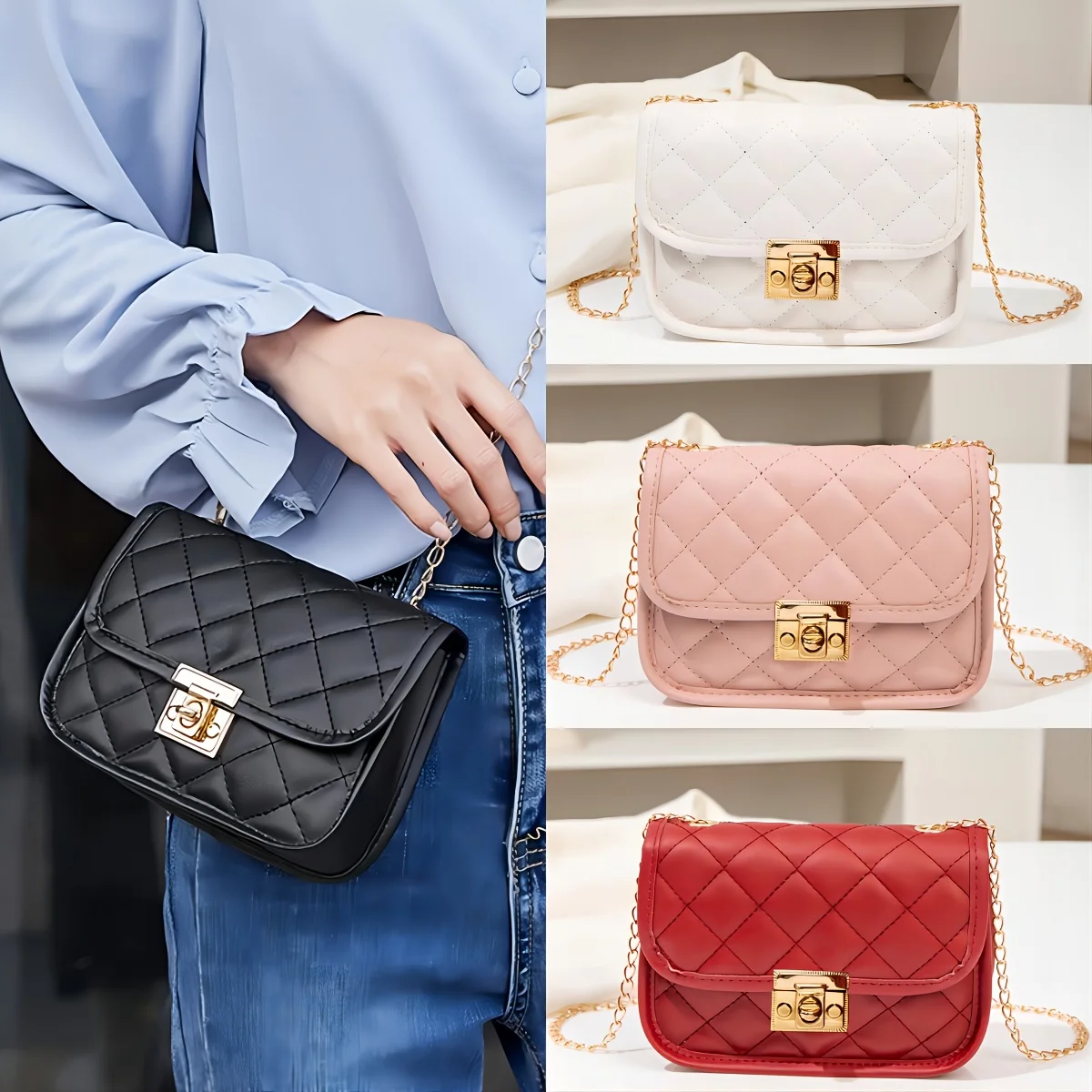 

Fashion Lingge Women's Small Bag Saddle Bag Lock Buckle Small Square Bag Diagonal Straddle Chain Bag