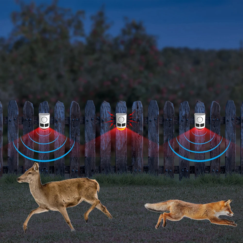 

Solar Outdoor Motion Sensor Alarm Animal Repeller with Strobe Light To Deter Raccoon Deer Skunk Bear Coyote for Yard Farm Garden