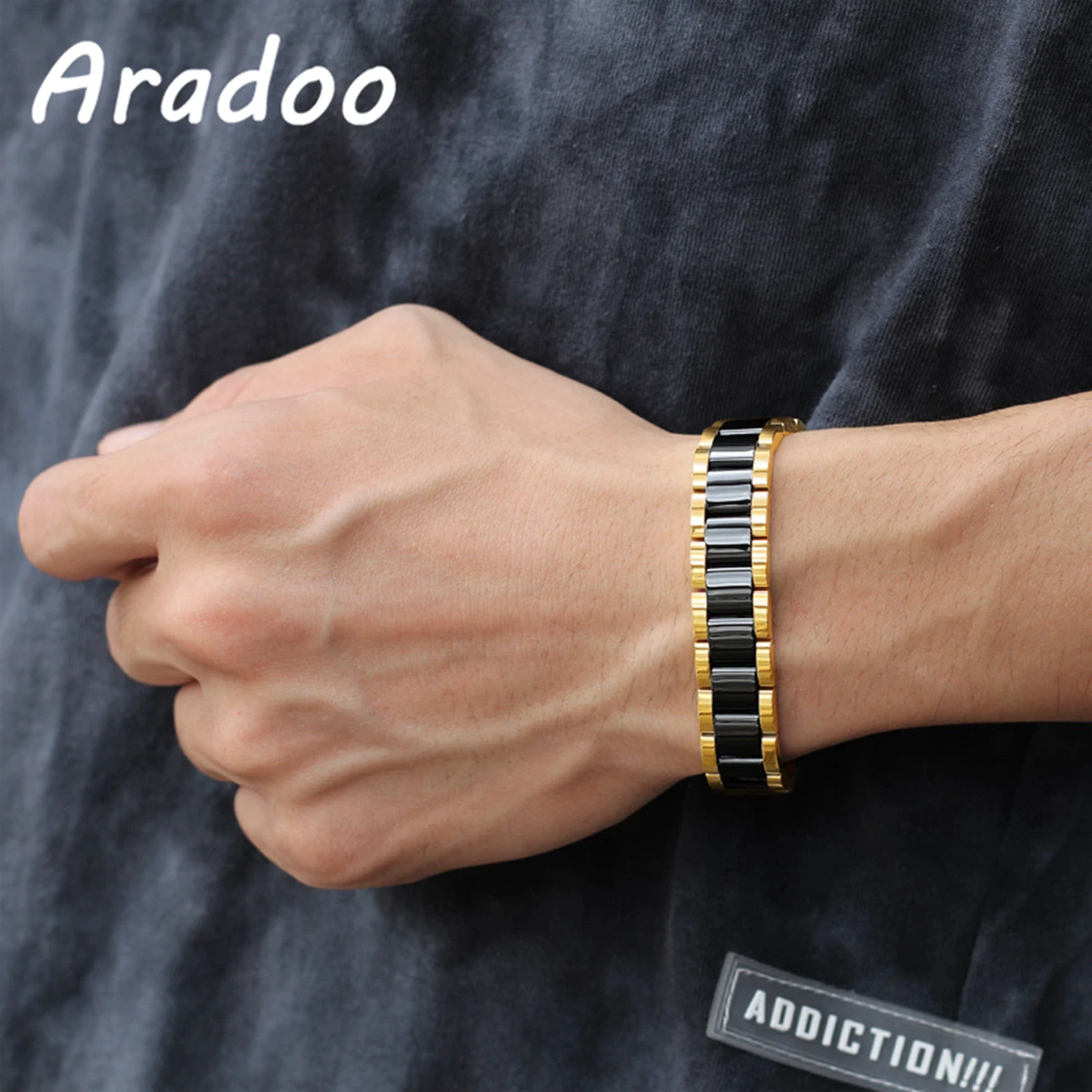 ARADOO Ceramic Titanium Steel Power Bracelets Square Zirconia Ceramics Hematite Magnetic Wristband for Men