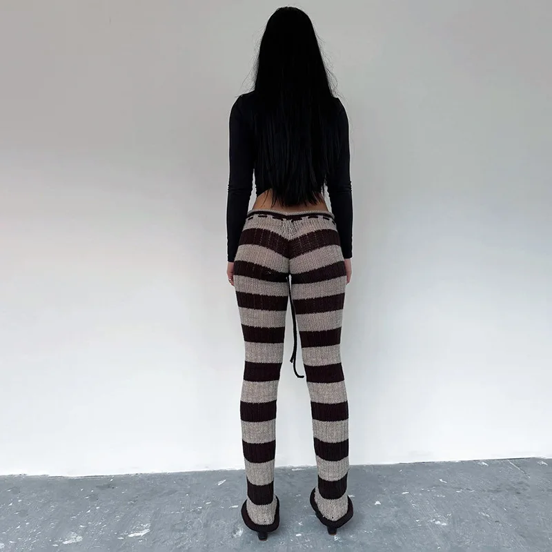 Mulher outono tendência listra retalhos calças compridas crochê shirring elástico de cintura alta magro pêssego hip estilo rua bottoms