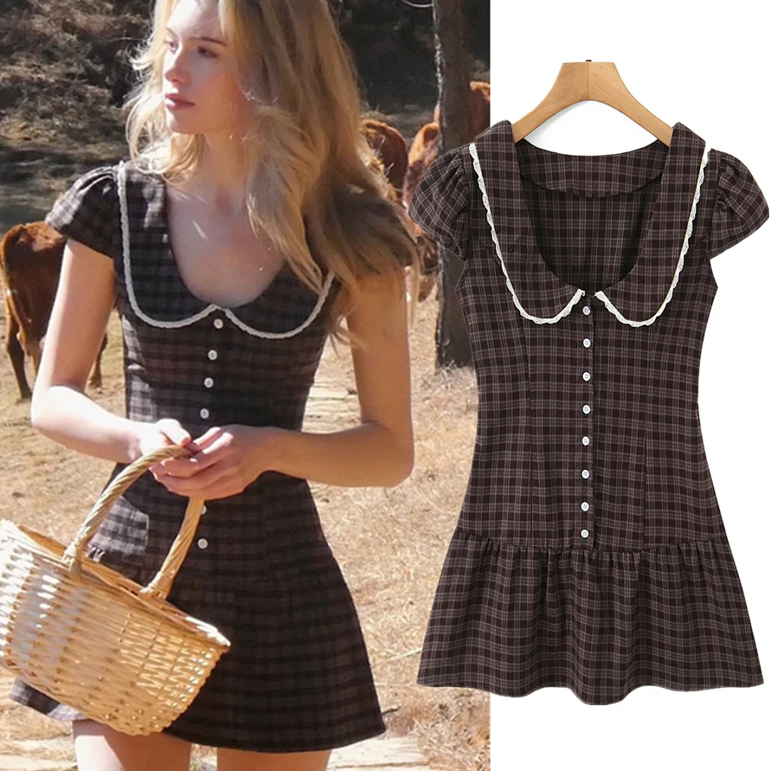 

Maxdutti Ins Fashion Blogger Vintage Plaid Dress Peter Pan Collar Cute Party Women's Casual Dresses Female Clothing Summer Dress