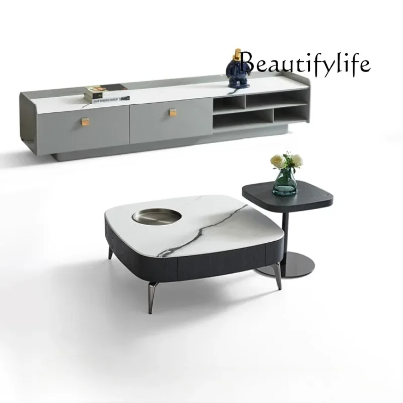 N40 Light luxury microcrystalline rock slab coffee table TV cabinet combination modern simple square coffee table living room ho