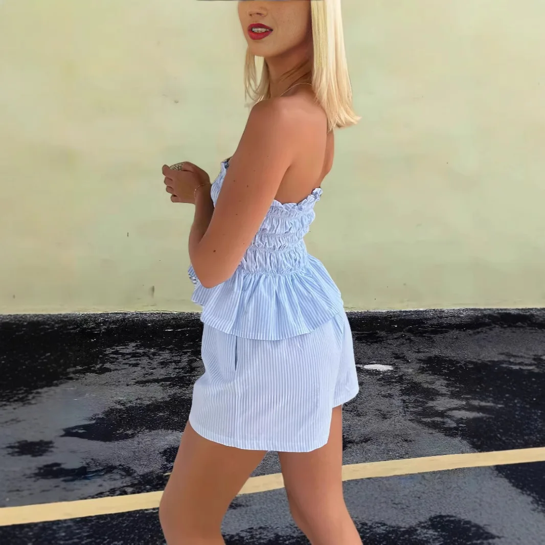 Traje Casual a Rayas de Verano para Mujer, orts Arrugados, Conjunto Moderno, orme para Estudiantes, Ropa de Trabajo