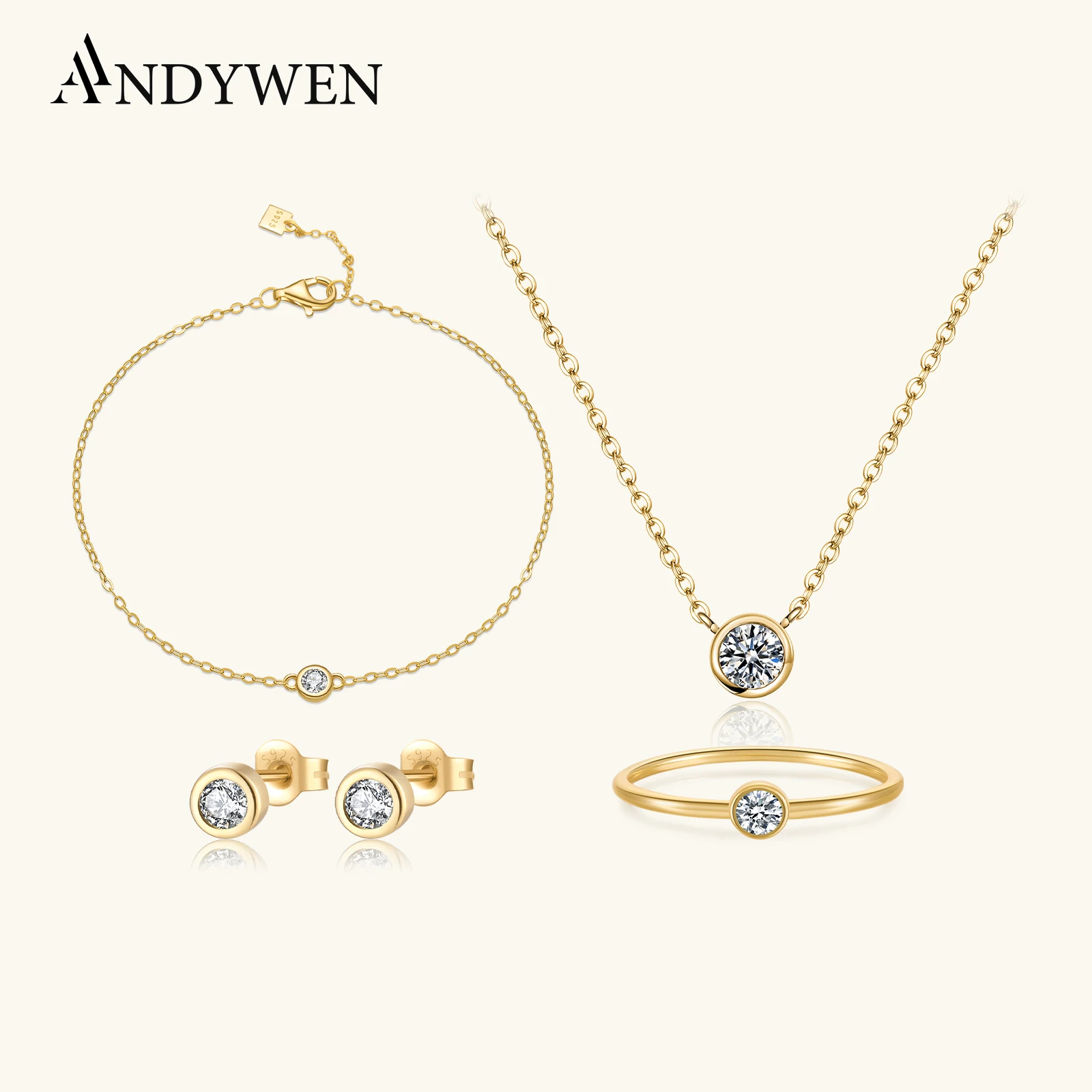 

ANDYWEN, стерлинговое серебро 925 пробы, золото, один круглый циркон, CZ, очаровательные серьги-гвоздики, кольцо, браслет, ожерелье, комплект ювелирных изделий, 2021, свадебный подарок