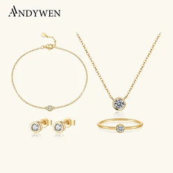 ANDYWEN 925 Sterling Silver Gold One Round Zircon CZ Charm Stud Earring Ring Bracelet Necklace Jewelry Set 2021 Wedding Gift