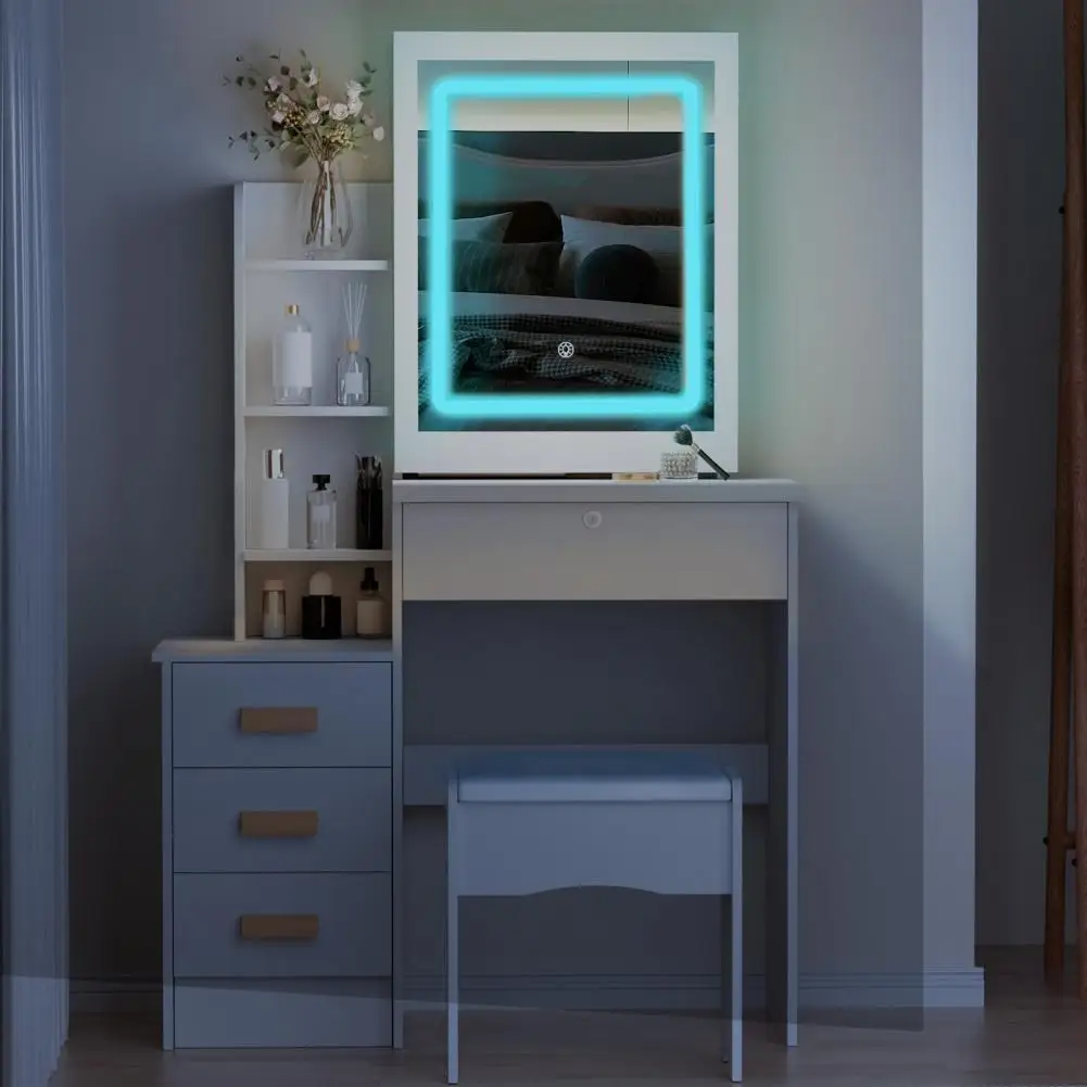 Bureau de courtoisie avec miroir 4.2 par LED, table en spanTable de chambre à coucher moderne avec tabouret, 5 portes de proximité, étagères ouvertes, espace de rangement GNE